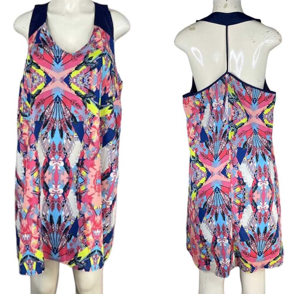 Adelyn Rae Halter Dress Open Back Multicolor Feather Print Size Large